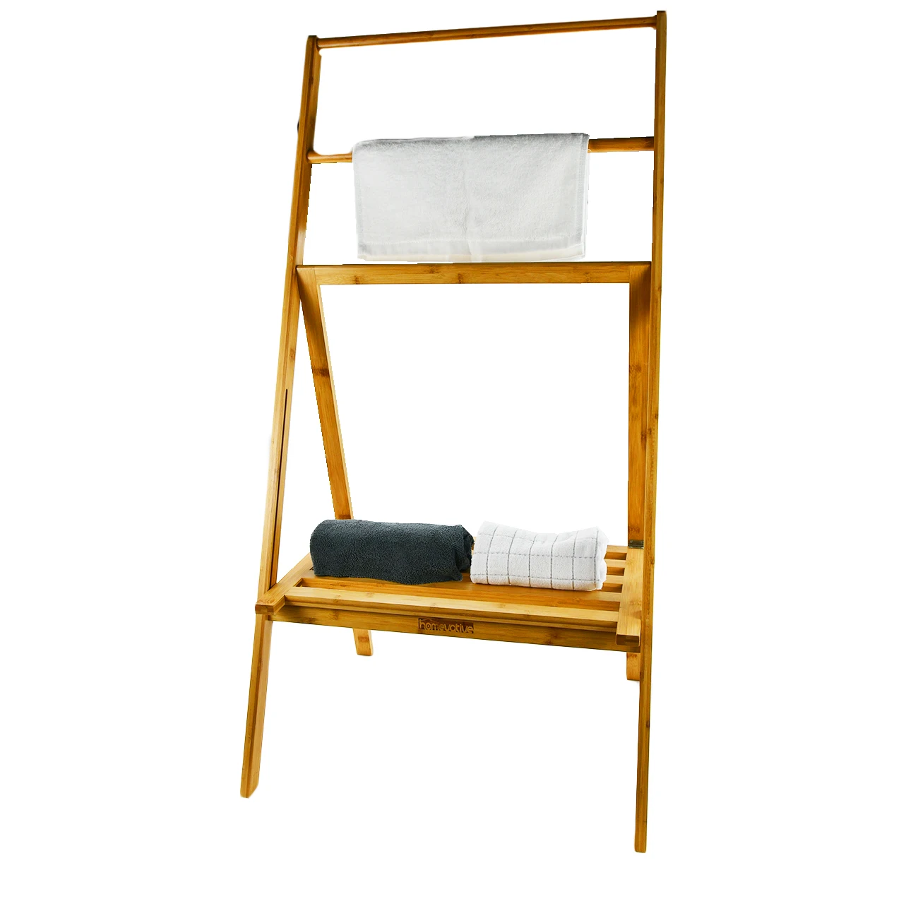 Folding Bamboo Clothes Drying Racks Organizer Free Standing Towel Rack with 3 Hanging Rods Storage Shelf Home Use