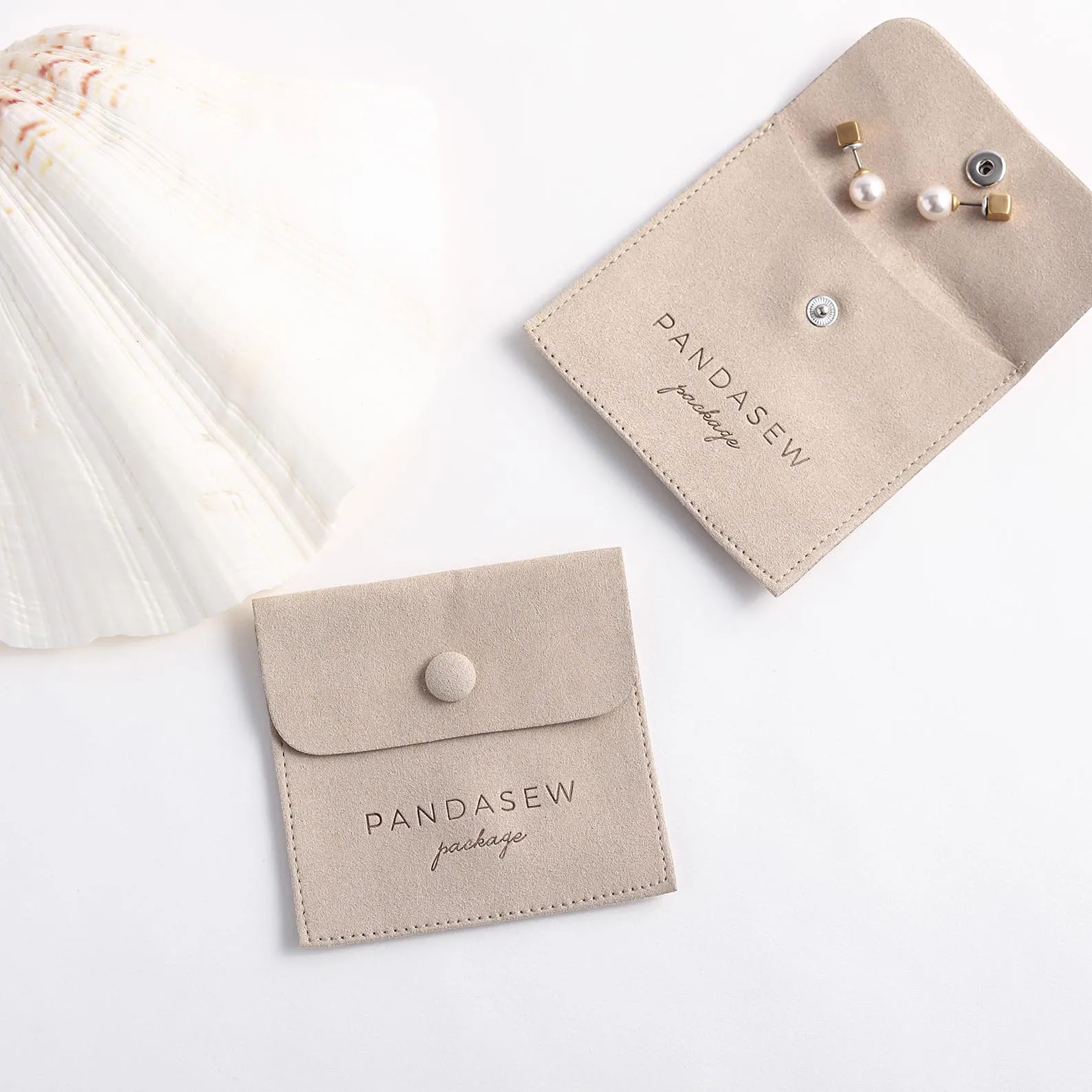 PandaSew Custom Logo Ring Packaging Suede Microfiber Snap Button Closure Jewelry Pouch Bags