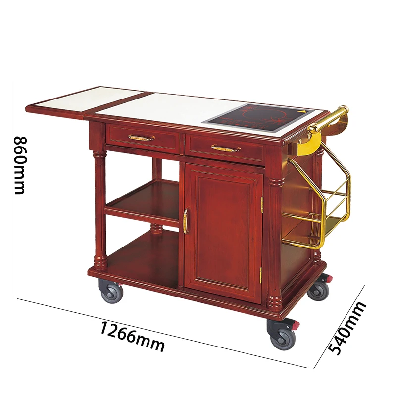 Restaurant Catering Hotel Food Service Trolley Series Wooden Cooking Cart Heating Flambe Trolley with 3 Drawers Induction Cooker