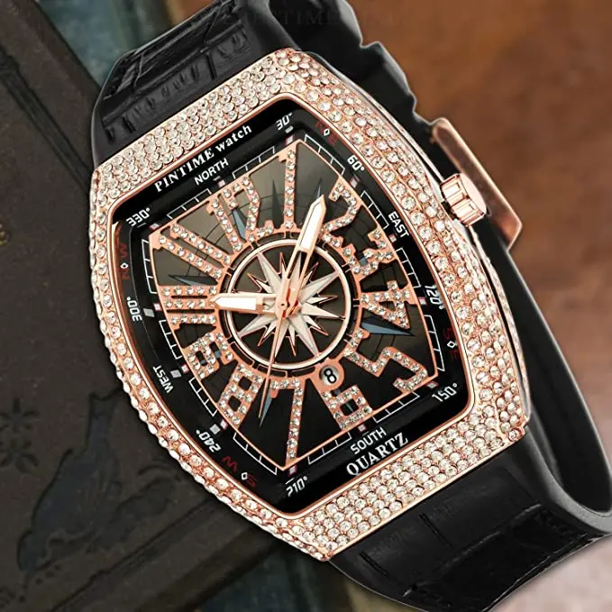 
PINTIME China Wholesale Online Shop Bling Hip Hop Iced Out Watch Luxury Tonneau Dropshipping Diamond Watches Men 