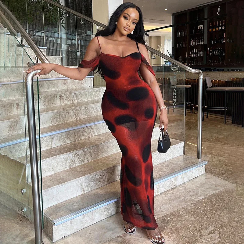 J&H Tie Dye Print Mesh See Throught Sleeveless Casual Dresses New Spring Summer Party Wholesale Y2K Vacation Women Clothing