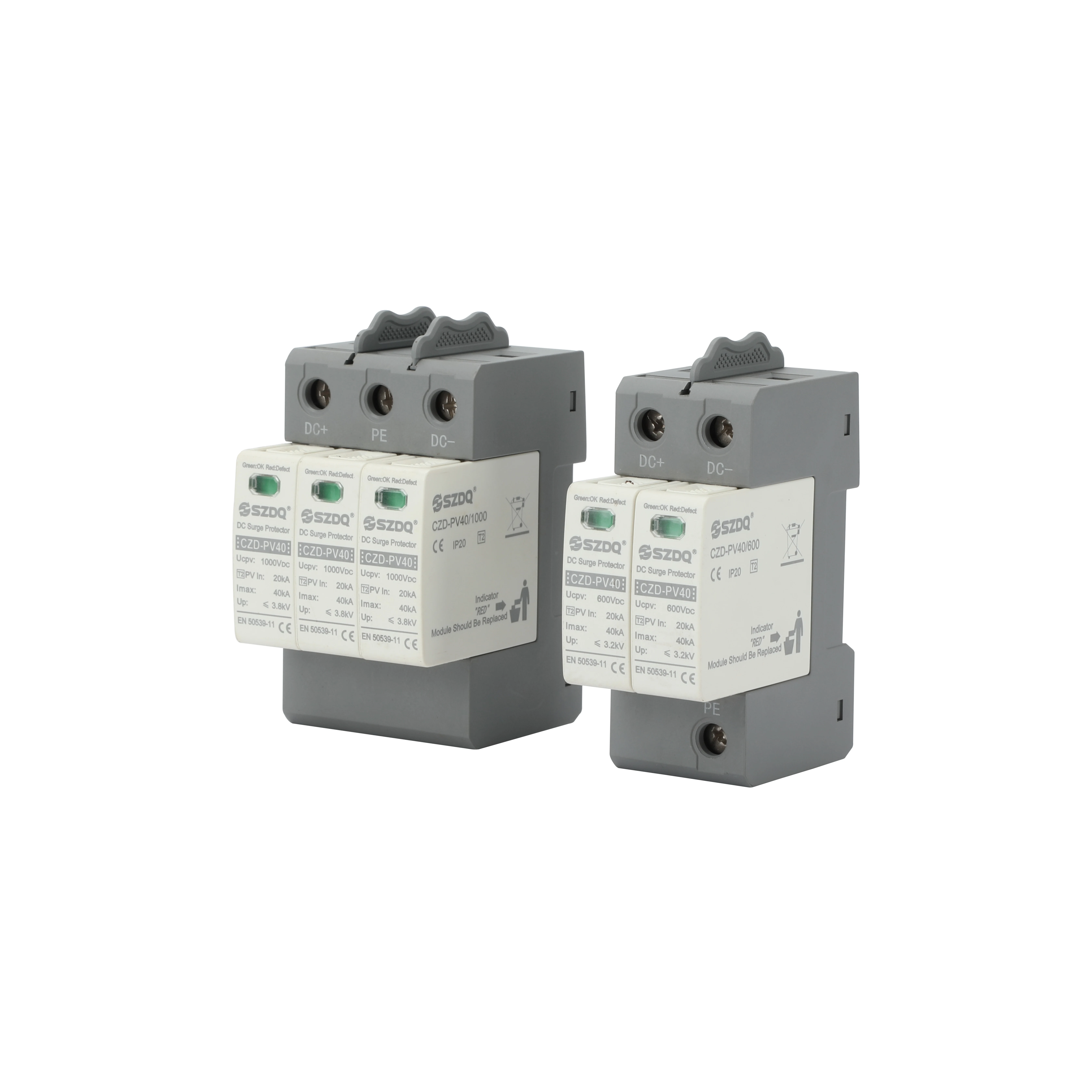 SPD Lighting arrester surge protector 500V 600V 800V 20kA 40kA 2p 2 pole double phase T2 type PV DC surge protection devices