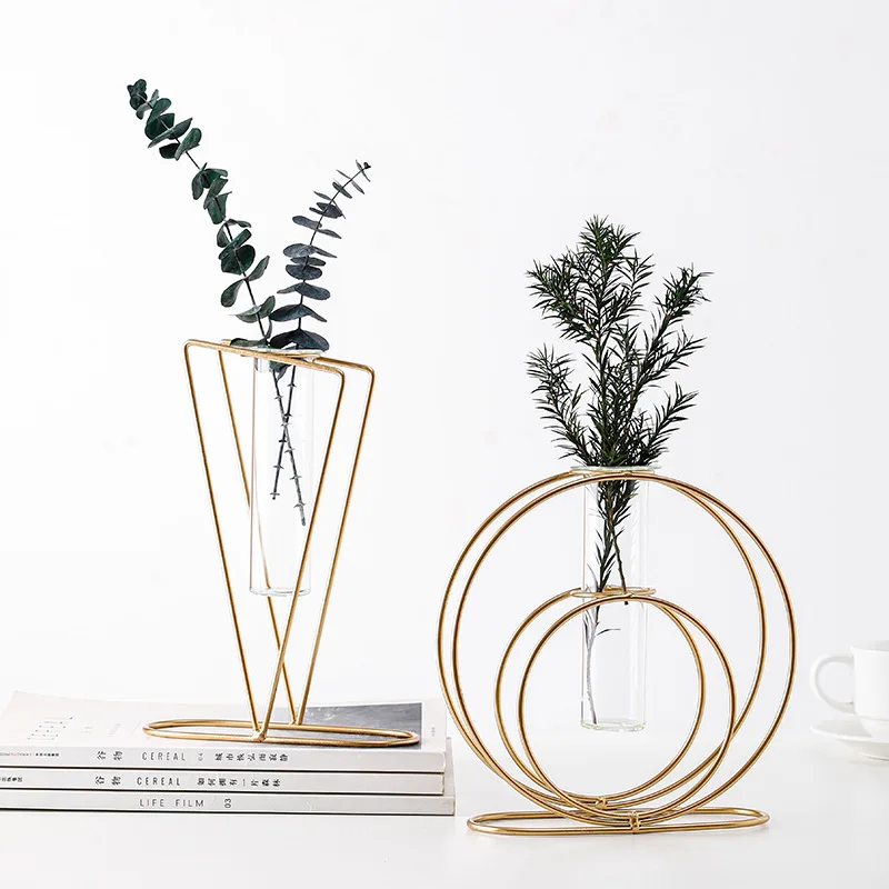 Simplicity Geometry Wrought Iron Metal Framed Transparent Glass Hydroponics Vase For Wedding Home Decoration