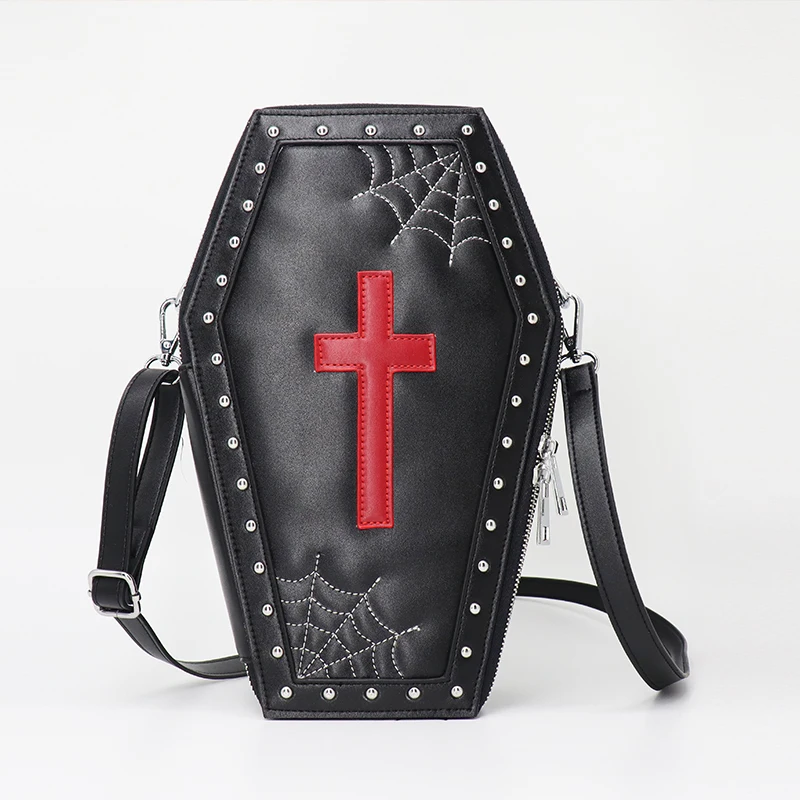 2023 Pu Leather Custom Coffin Shaped Cosmetic Case with Spider Web For Women Handbag gothic purse Manufacture Doll Bag