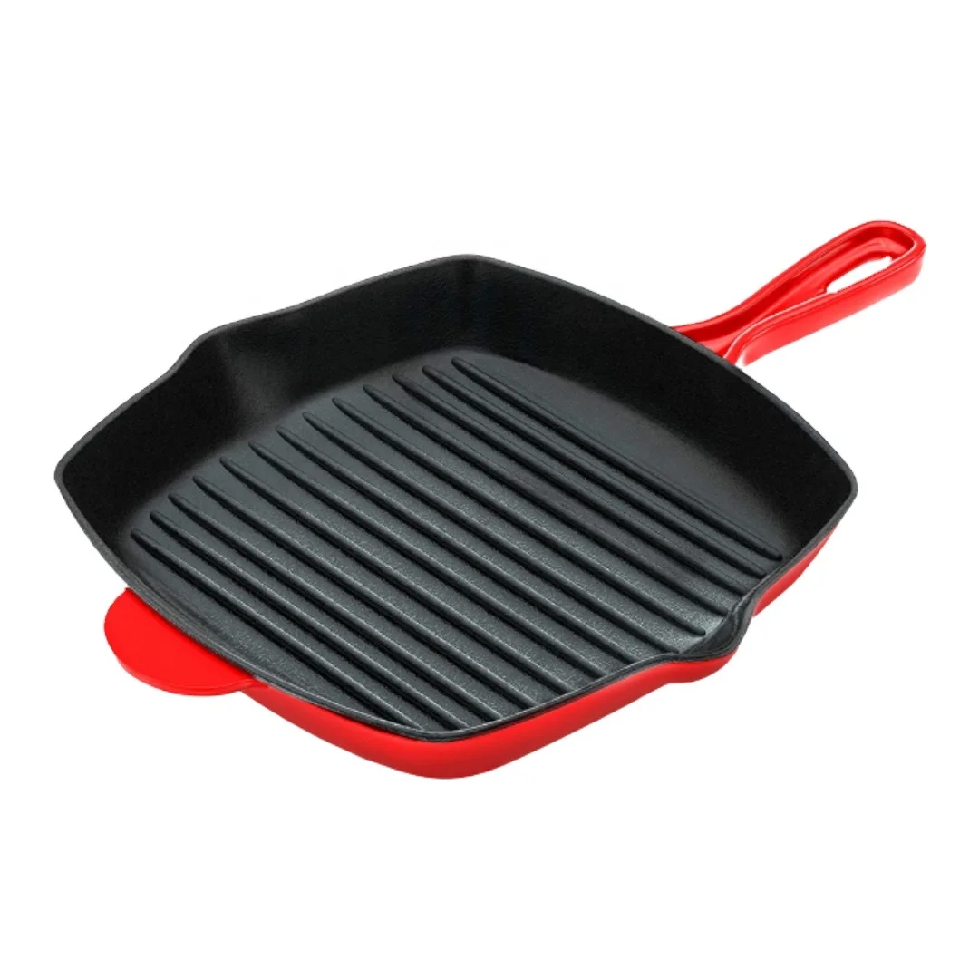 Square non stick enamel cast iron bbq iron steak meat skillet grill frying pan with ridge 10.5inch