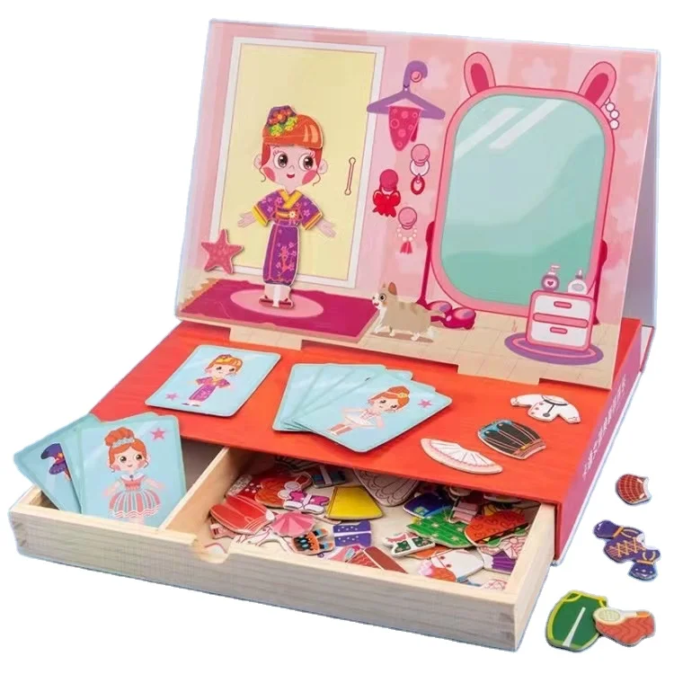 Wooden Puzzles Creative DIY Book Fun Dress Up Baby Puzzle Magnetic Stickers 3D Puzzle Toys
