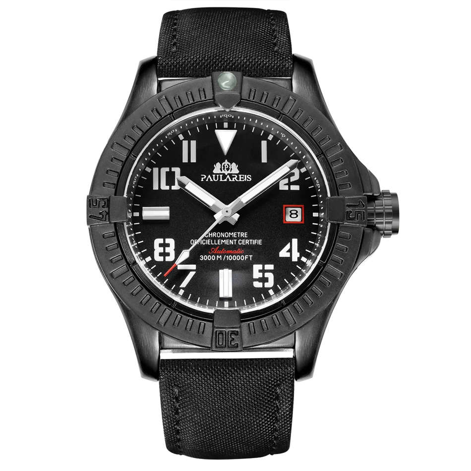 Paulareis Men Automatic Self Wind Mechanical Black Canvas Style Genuine Black Blue Leather Band Date Luminous Luxury Watch