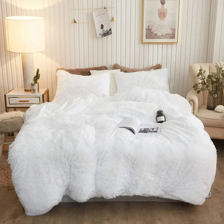Plush Duvet Cover Set Super Soft Fluffy Faux Fur Bedding Sheet Luxury Fuzzy Bed Blanket Set 3 Piece bedspread pom pom