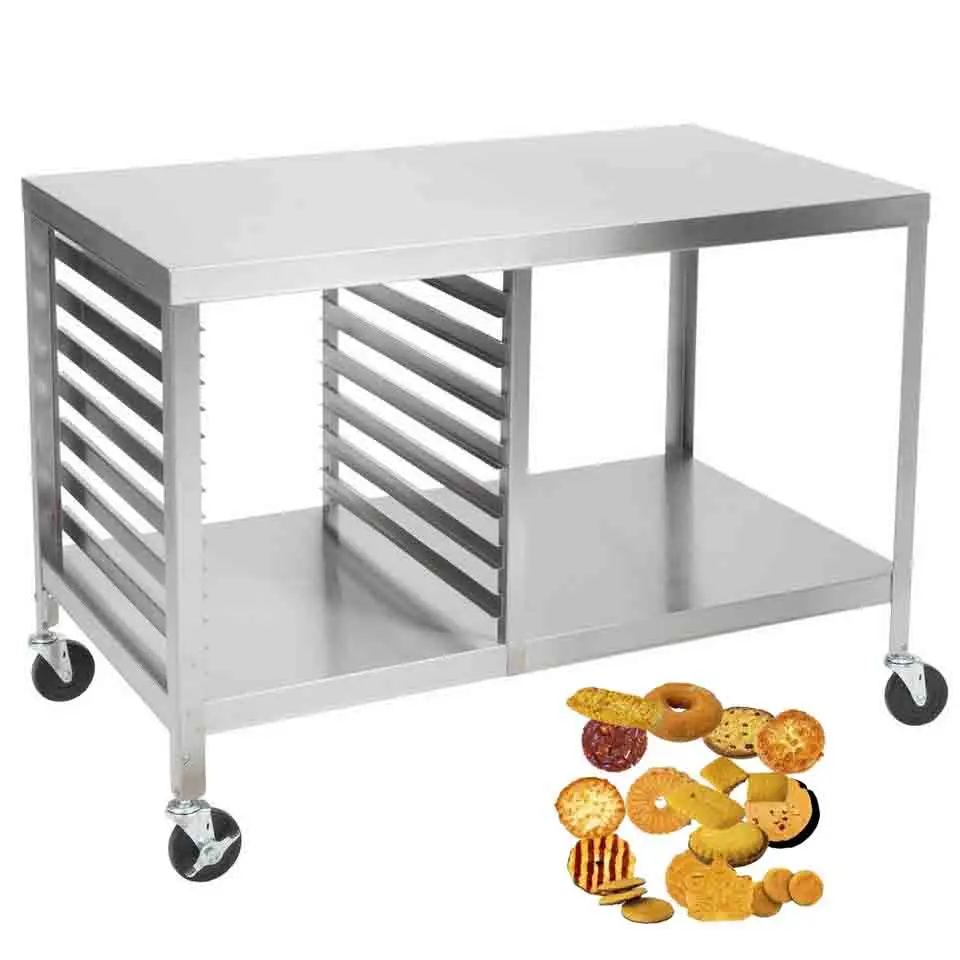 Food Grade 201 & 304 Stainless Steel China Manufacturing Portable Work Table With 1 Shelf and 6 Tray Holders Fully Assembled