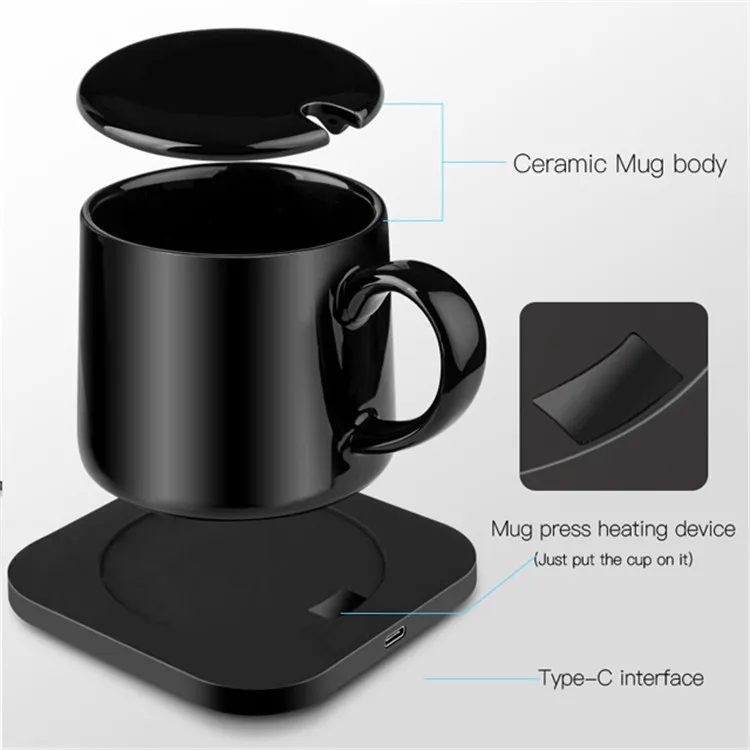 Coffee Mug Electric Powered Cup with Electric Warmer Heater Pad Temperature Control Smart Heated Durable Porcelain Qi Universal