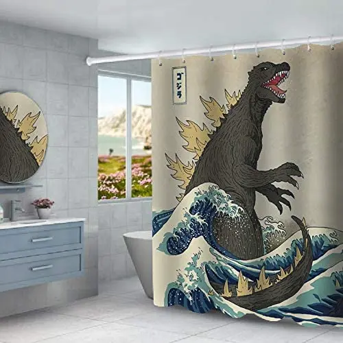  Водонепроницаемая душевая занавеска из полиэстера 4 шт. с принтом Godzilla для ванной