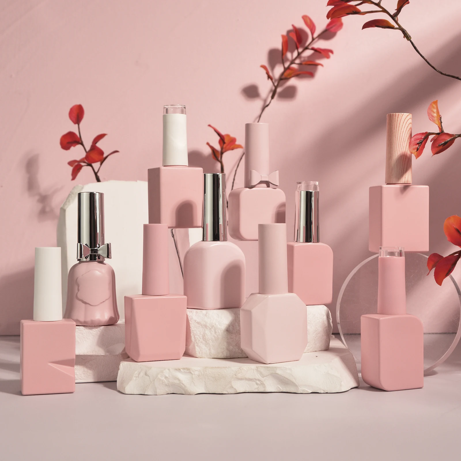 Stock Wholesale Custom 10ml 12ml 15ml Cute Pink Empty Glass Cosmetic Bottle For Nail Polish With Pp Cap Brush Free Sample