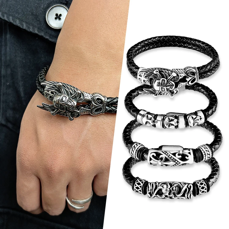 Unisex Bracelet Stainless Steel Thread Fixed Retro Gothic PU Leather Bangle Bracelet