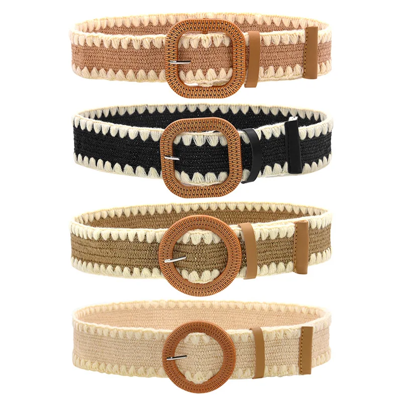 Wholesale Women Skinny Raffia Dress Belt Wooden Buckle Straw Woven Wide Belt Knitted Elastic Rattan Waist Stretch Belt