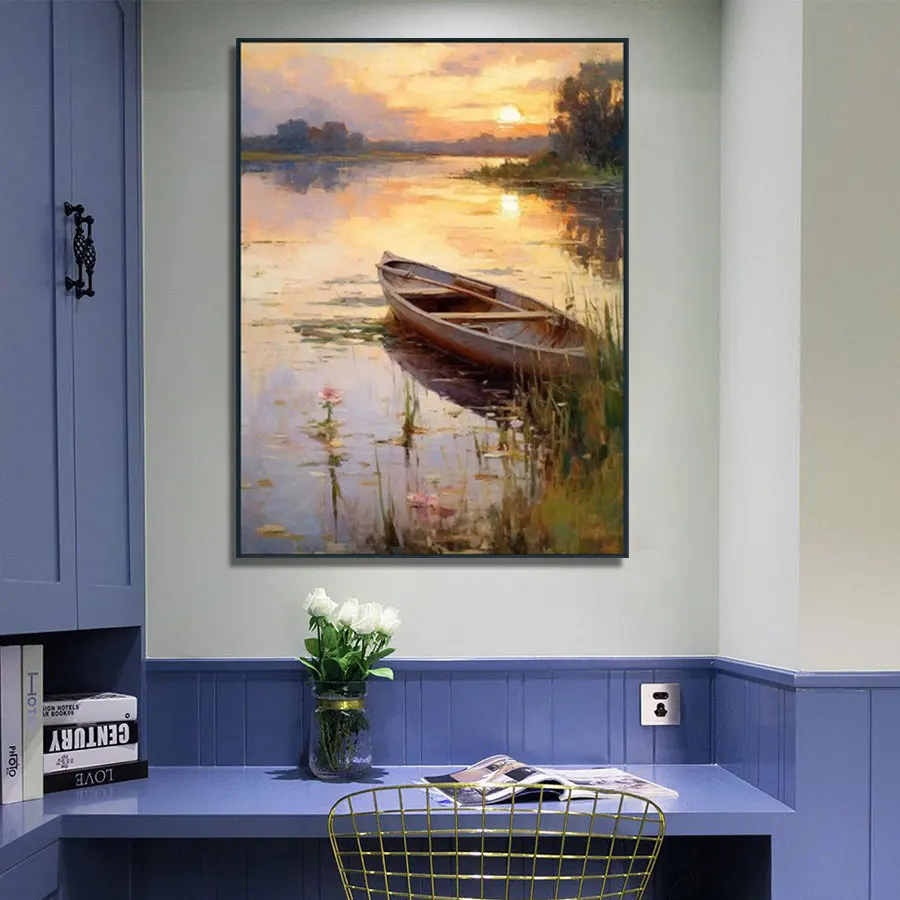 Original Art High Quality Sail Boat and Natural Scenery Canvas Oil Painting Home Wall Decor