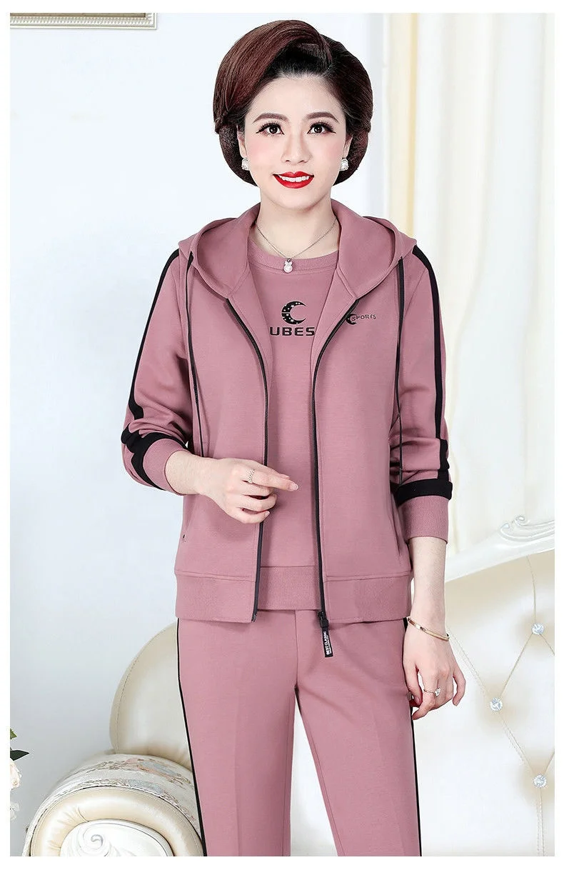 Spring and autumn middle-aged and elderly fashion hooded loose ladies sports vest	 3 piece suit women