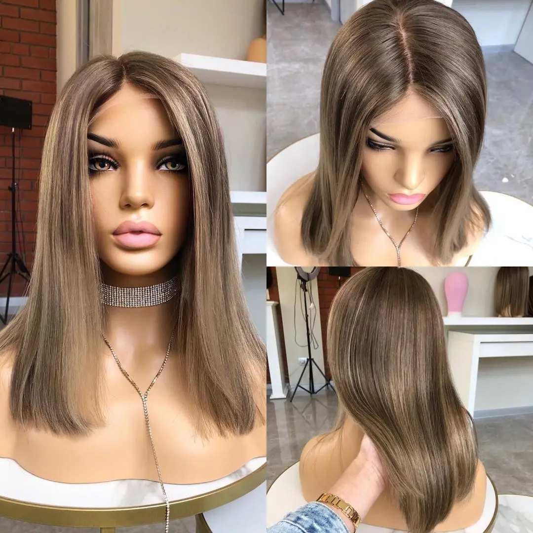 Ready To Ship 100% European Human Hair Ombre Brown Dyeing Bob Cut Silk Straight Transparent 5*5 Lace Closure Wigs For Women