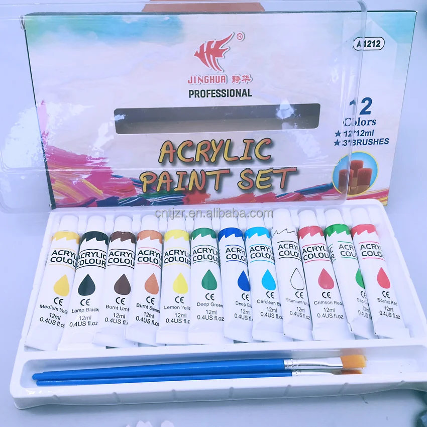 Wholesale high quality 12 colors acrylic paint set with  brushes for artist