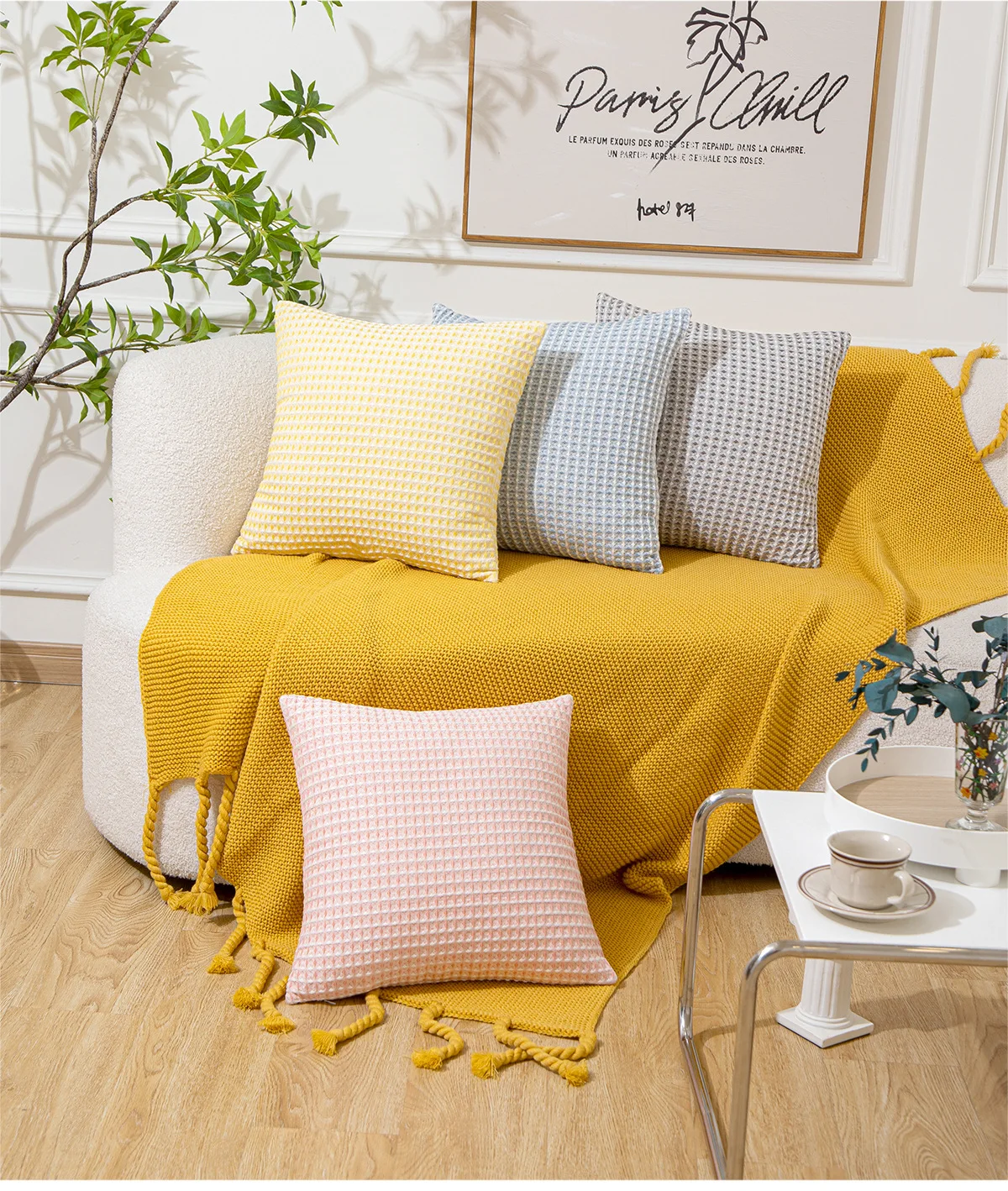 Elegant Home Decorative Cotton Waffle Textured Decorative Cushion Cover, Solid Color Throw Pillow Covers for Sofa Decor