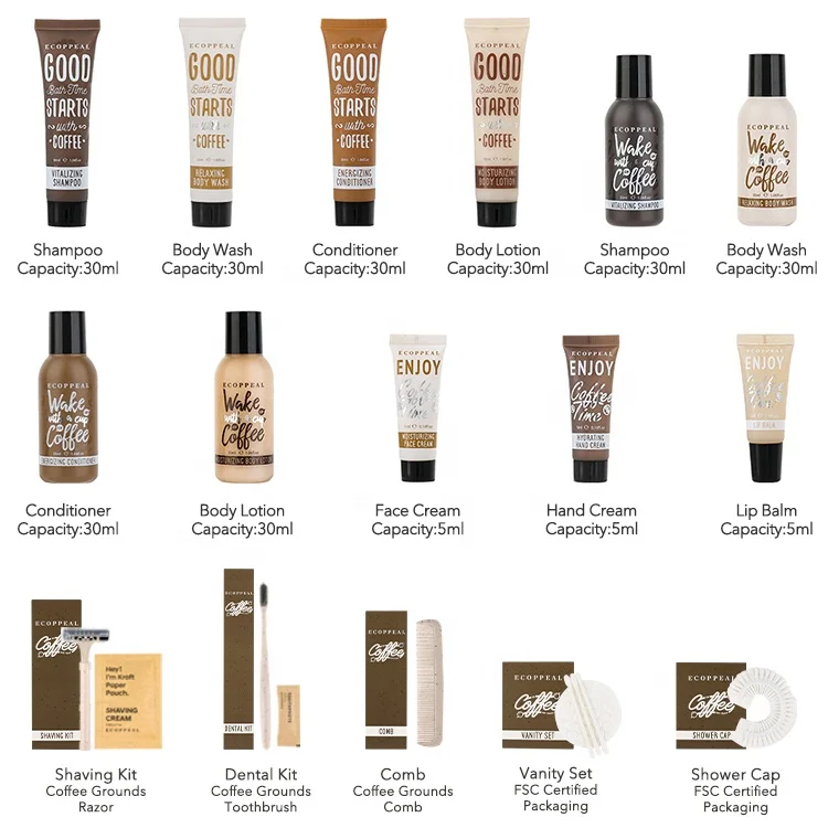 Hotel Supplier Custom Eco-friendly Biodegradable Luxury Star Hotel 20% Coffee Grounds Plastic Hotel Amenities Set