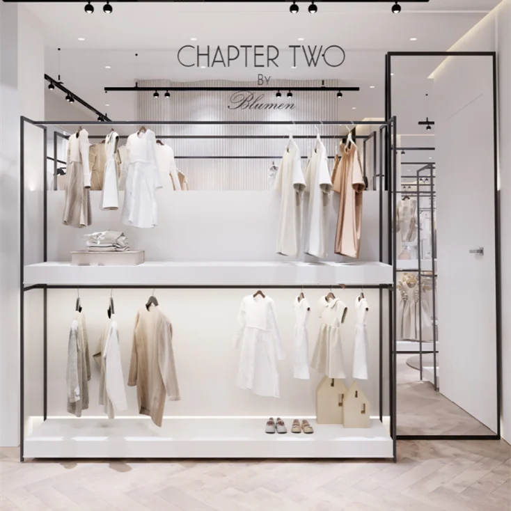 European minimalism clothing store interior decoration accessories design custom double stainless steel clothing display shelves