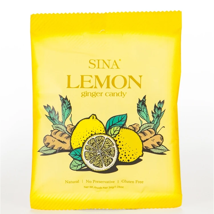 Manufacturer Wholesale SINA 36g Lemon Flavor Ginger Candy  Indonesia Soft Ginger Chew Factory Price Natural Color and Flavors