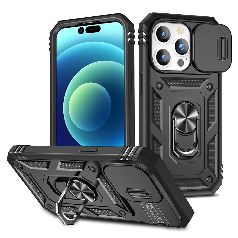 Luxury Rugged Armor Push Camera Slide Phone Case for Iphone 14 Pro Max Military Grade Shockproof Case with Kickstand for Iphone