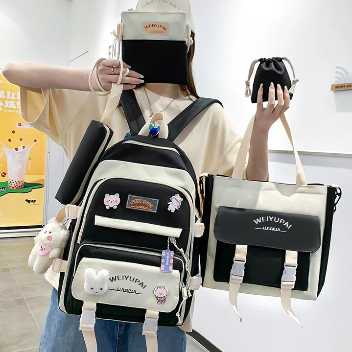 Wholesale Set 5-piece-set Shoulder Bag Pencil Bag Backpack Junior High School Students School Bag Cute Backpack