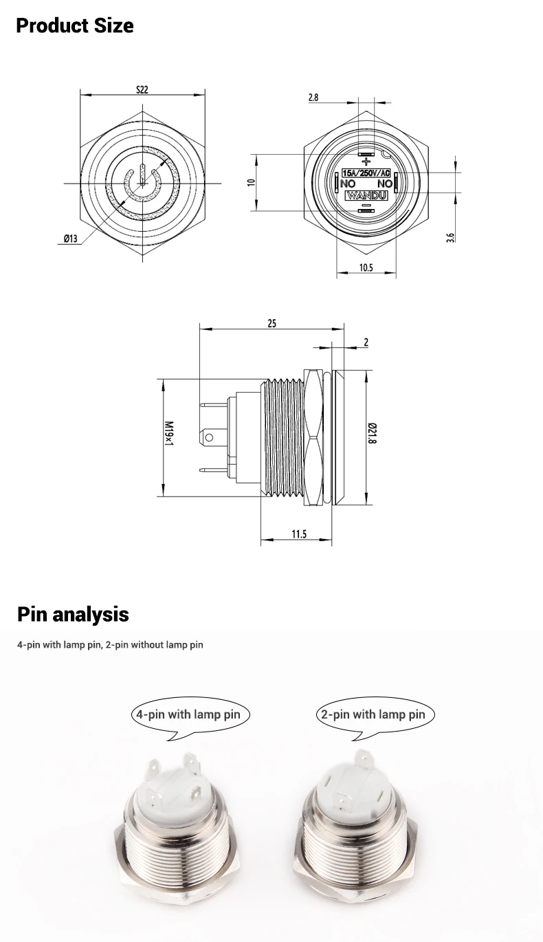 WDELE 19mm latching metal push button switch 10A high current short stroke small switch 1NO LED