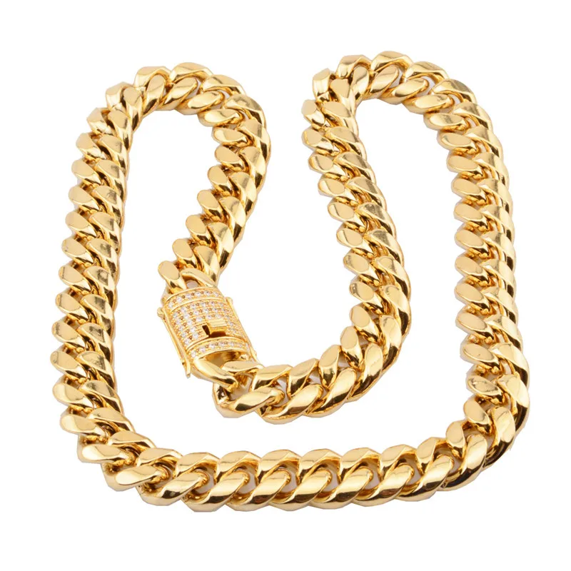 Mens Miami Cuban Link Chain 18K Gold plated 8/10/12/14/16/18mm Stainless Steel Curb Necklace with cz Diamond Chain Choker