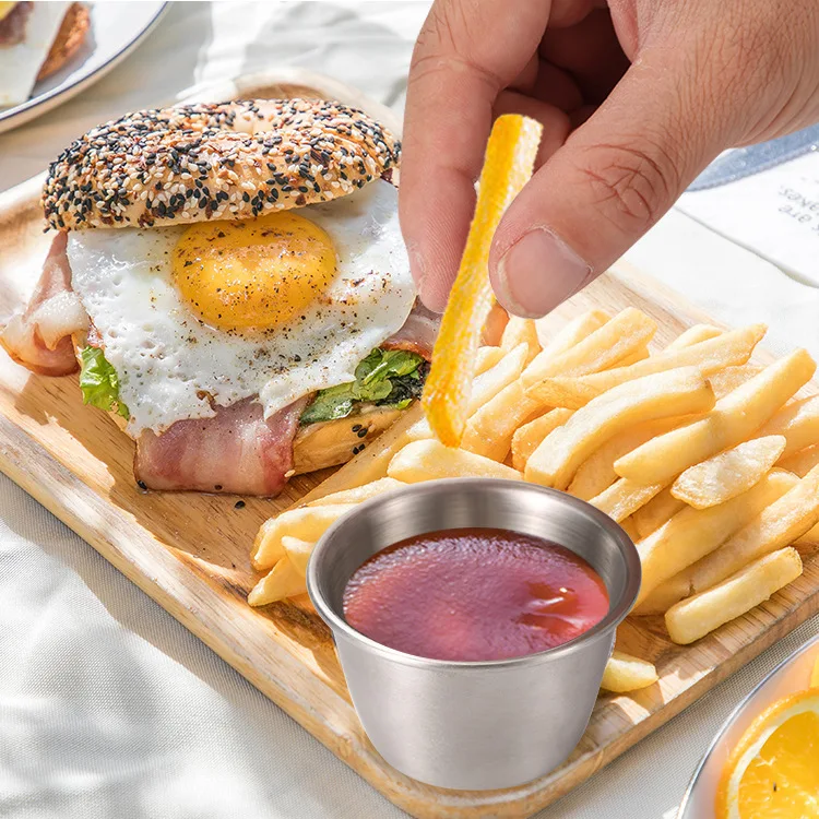 Leakproof Reusable 70ml 304 Stainless Steel Food Grade Sauce Cup with Silicone Lid Korean Seasoning Dipping Dishes