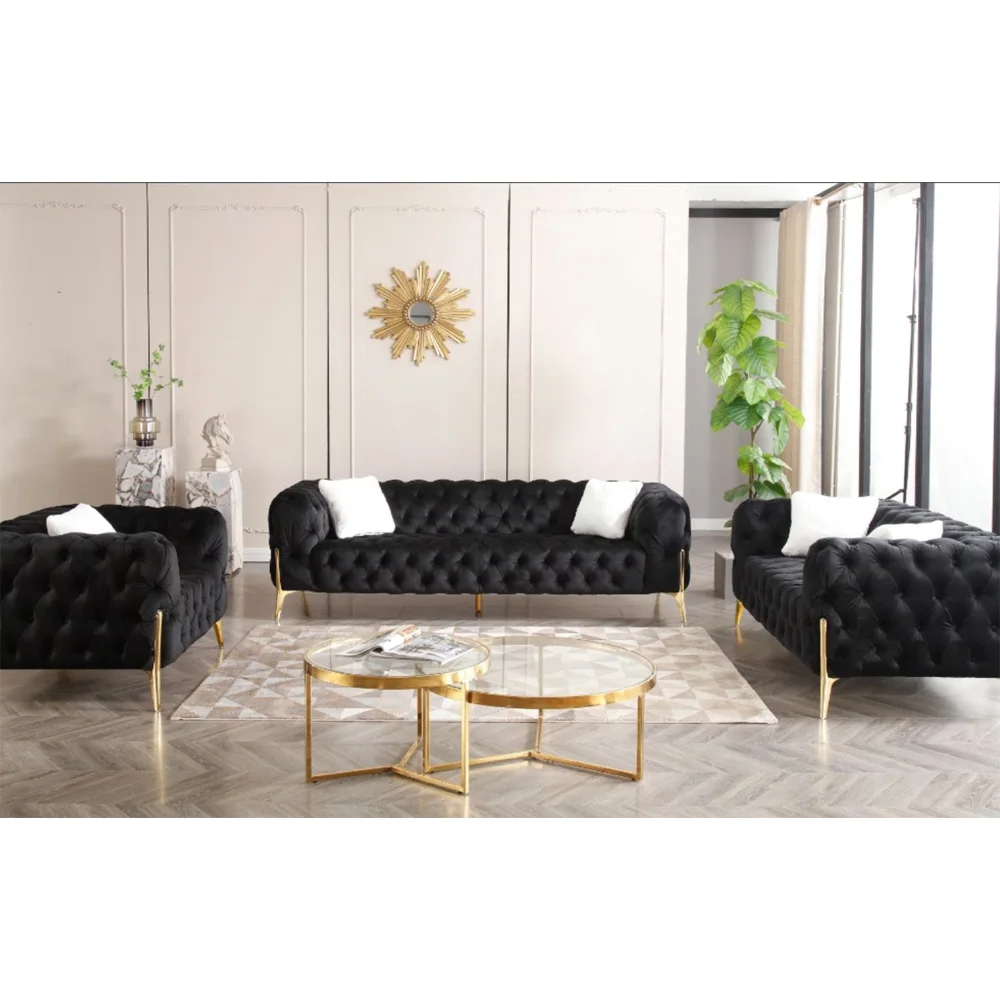 Norfolk 3+2+1 Bbtton Tufted Velvet Sofa Range (black)