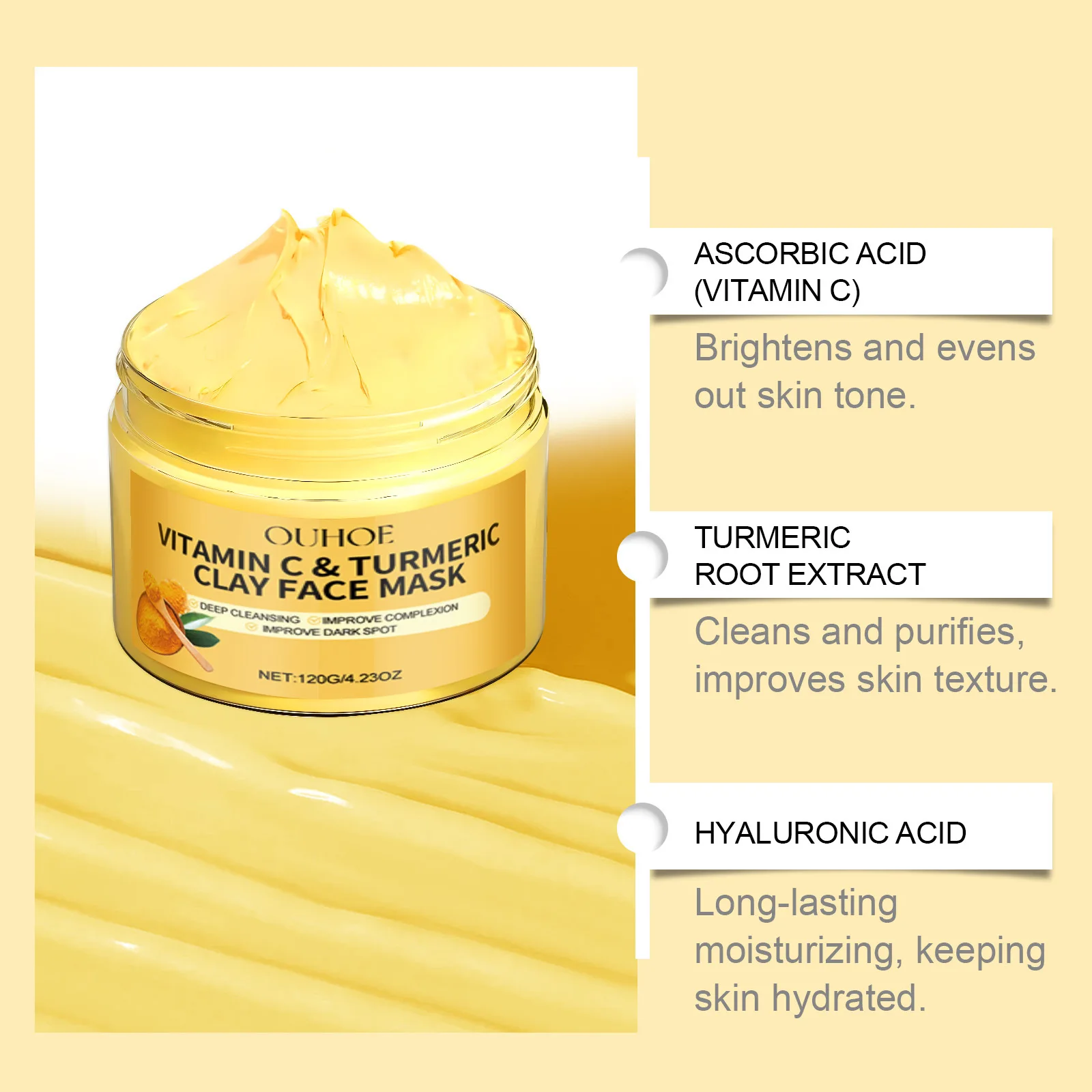OUHOE Organic Turmeric Vitamin C Dark Spots Anti Acne Brightening Pores Cleansing Facial Purifying Clay Mask Skin Care Mud Mask