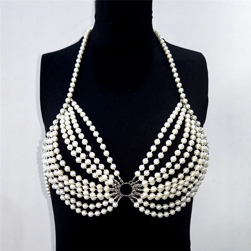 Female Pearl Waist Chain Bra Top For Party Nightclub Sexy Pearl Beaded Body Chain Bralette
