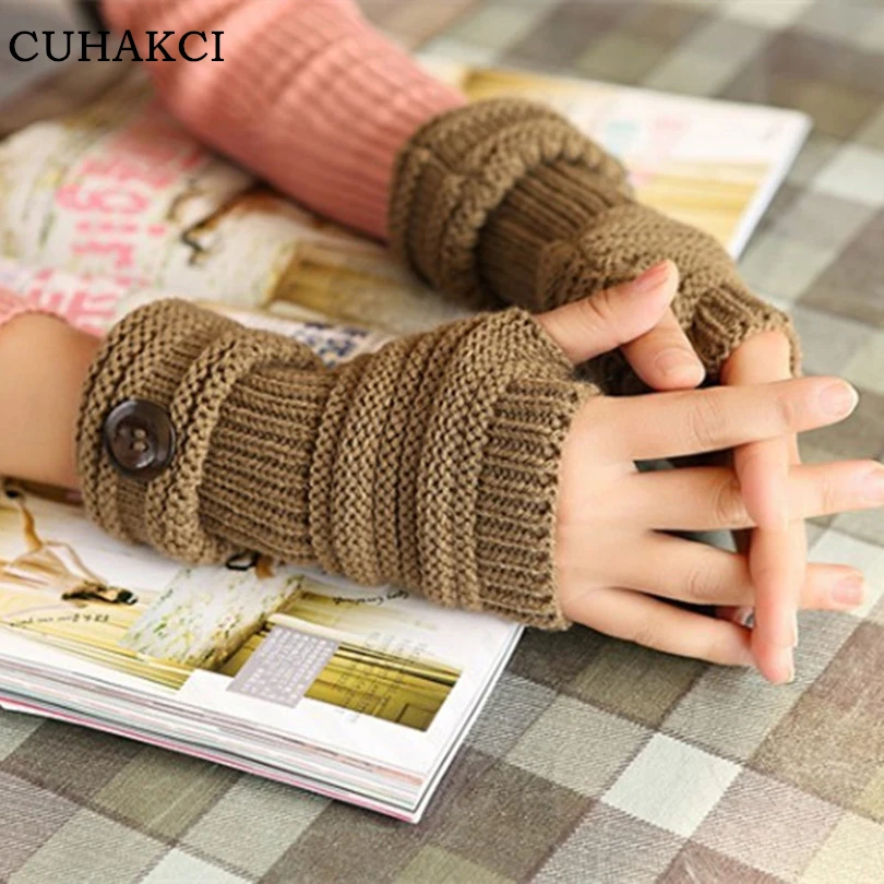 
Winter Warm Knitted Fingerless Wrist Mittens And Women Button Soft Half Finger Long Gloves 9 Colors 
