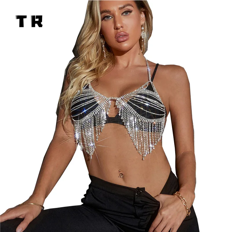 2022 Japanese Mature Women Sexy Lingerie Tassel Bodysuits Chain Woman Sexy Lingeries Jewelry  Bra Rhinestone Diamond Bikini Tops