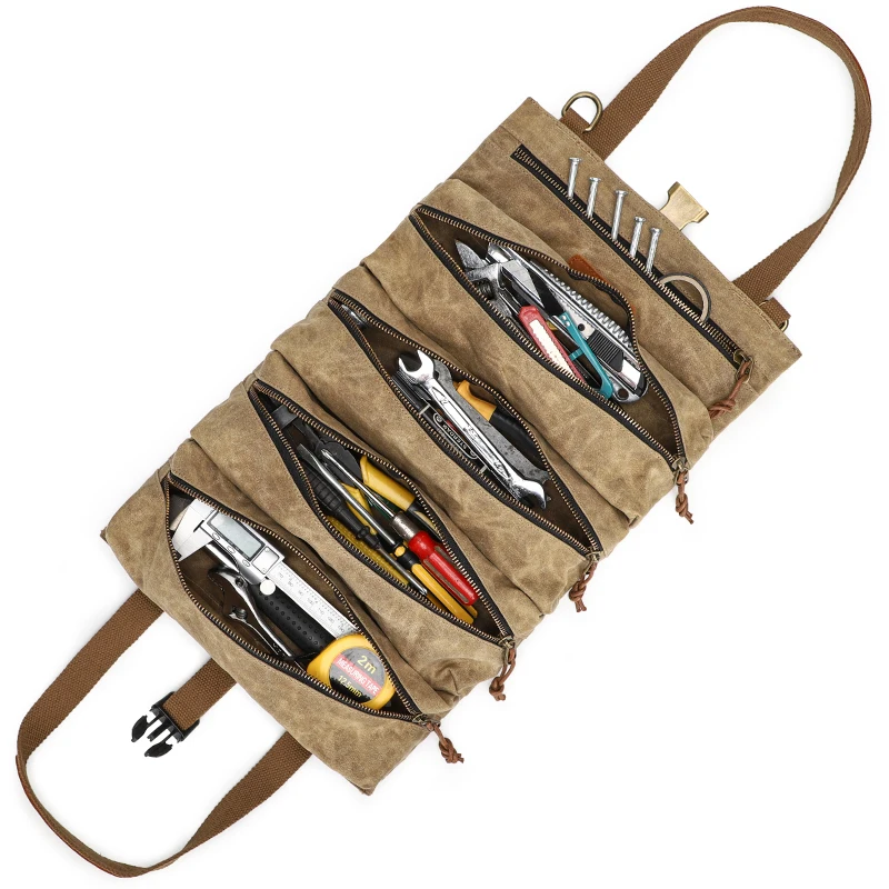 Durable Tool Organizers Waxed Canvas Heavy Duty Rolling Up Tool Bag Organizer For Mechanic Carpenter Electrician Hobbyist