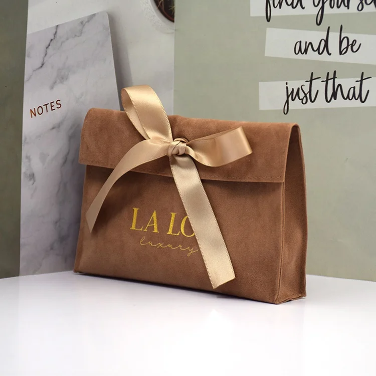 Custom logo printed cosmetic perfume bag luxury brown envelope flap suede jewelry pouch