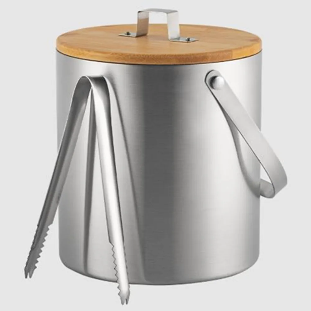 Factory Direct 3L Custom Logo Stainless Steel Double Wall Round Champagne Ice Bucket Built-In Ice Tongs With Wood Lid