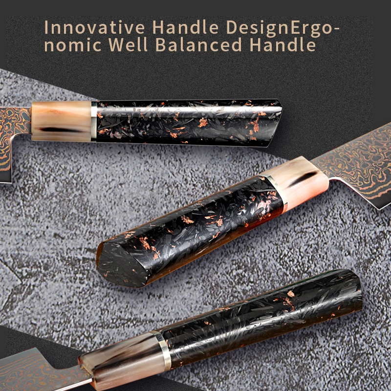 Luxury Copper Damascus Steel Kitchen Knife  Japanese  VG-10 Core Buffalo Horn  Resin Mixed Carbon Fiber& Copper