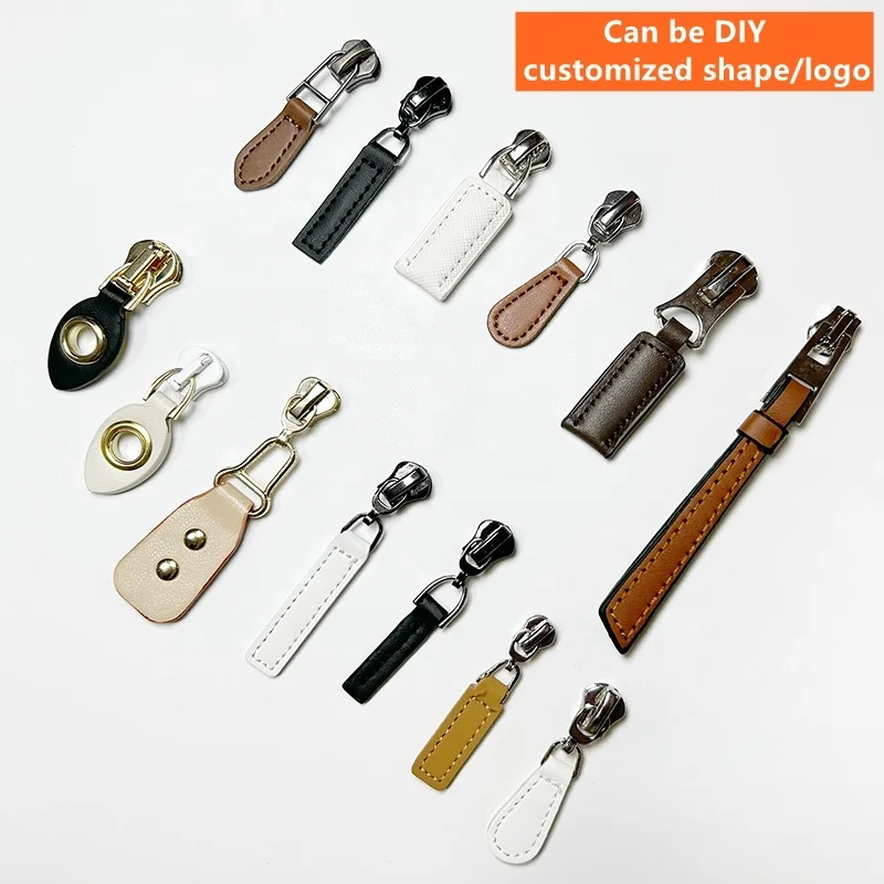 Zipper pulls custom logo leather zipper slider PU leather zipper tag puller head for handbags outdoors