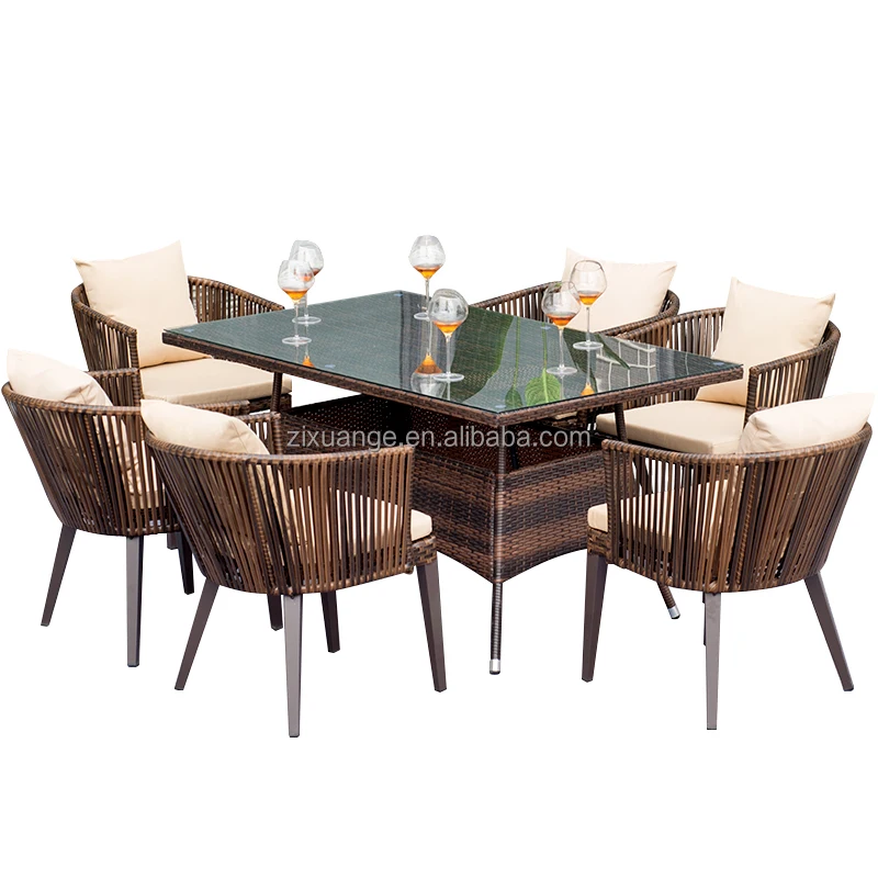 Luxury outdoor furniture rope rattan wicker garden dining table and chair outdoor furniture dining set