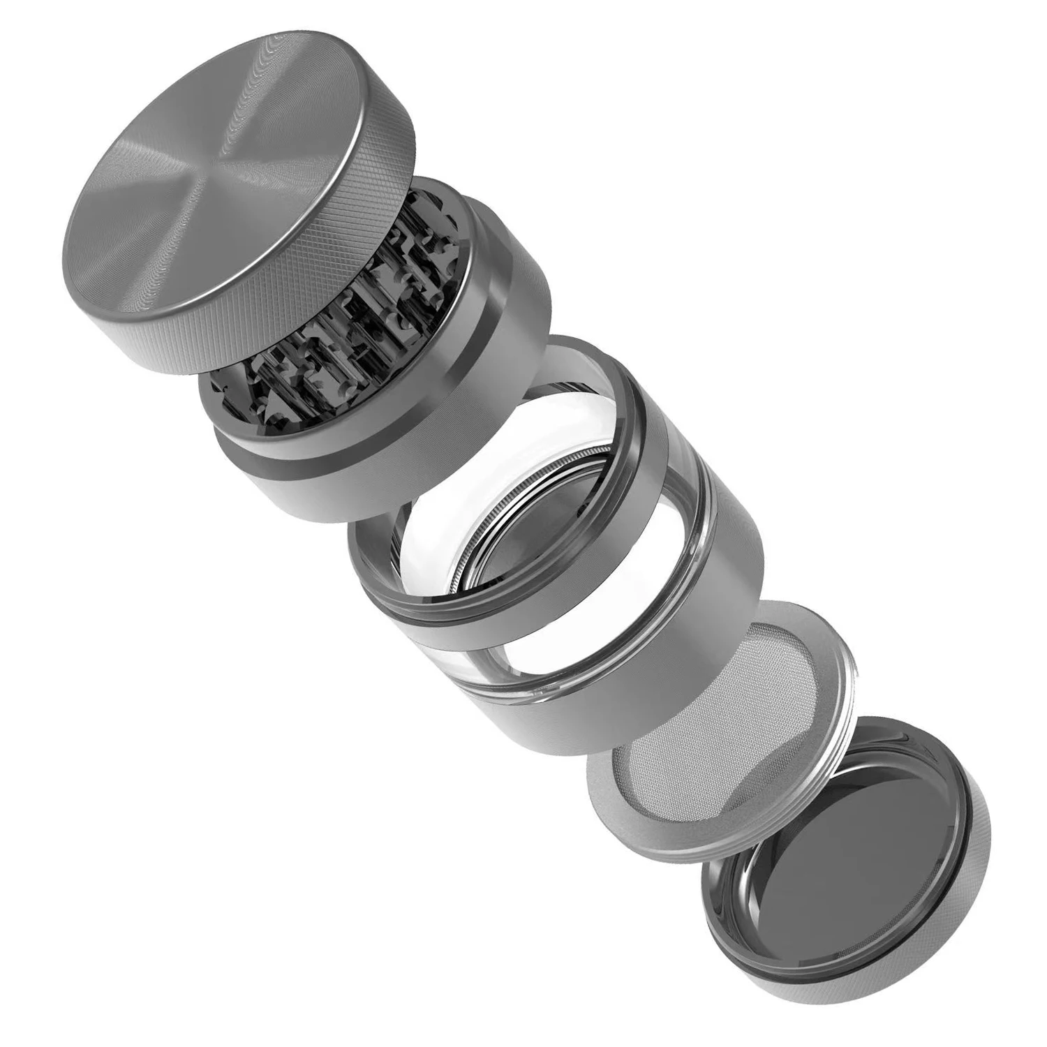 5 piece grey herb tobacco grinder  with solid teeth aluminum alloy hemp crusher holding chamber with window