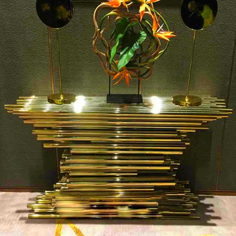 Hotel lobby decoration desig stainless steel brass mirror gold console tables set mirror hallway