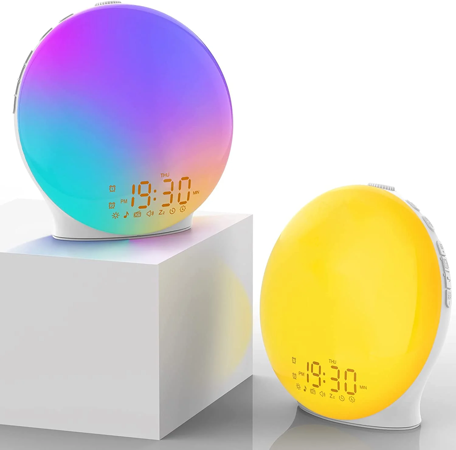 Multi-function Bedside Sunrise Wake Up Lamp With Double Alarm Clock Led RGB Symphony BT/FM Speaker White Noise Sounds Machine