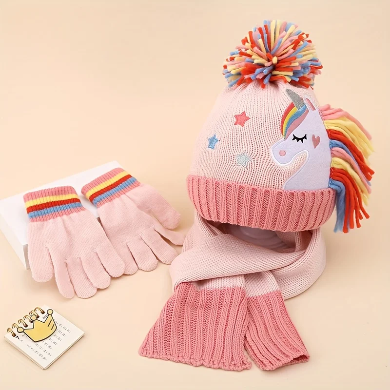 Wholesale Cute Cartoon Unicorn Winter Mittens Beanie Hat Set for Girls Pom Pom Knitted Accessories for Toddlers for Travel