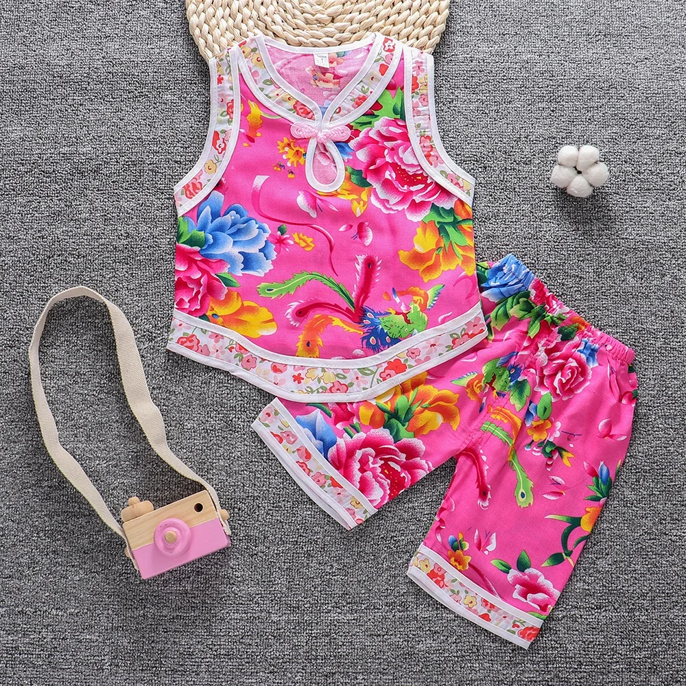 
Wholesale cotton Qipao for girls sleeveless Tang suit 2 piece set for baby wear prom dress for Kids 