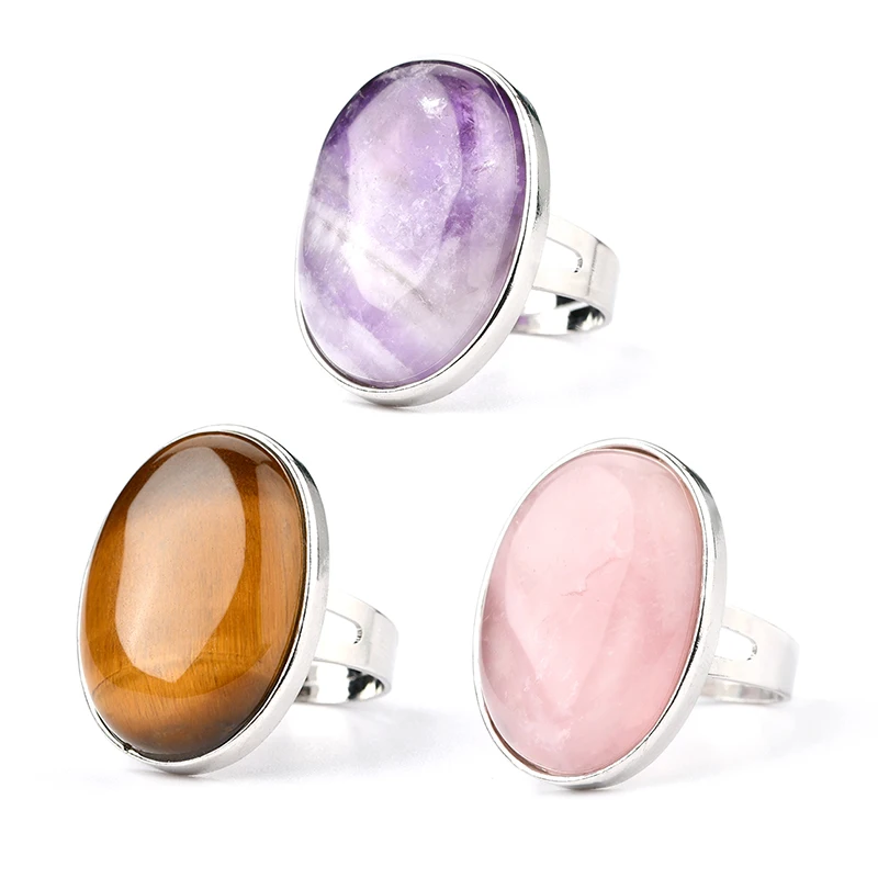 High quality oval shaped Natural Stone Adjustable Rings Healing Stone Rings for men Gemstone Jewelry Crystal Rings