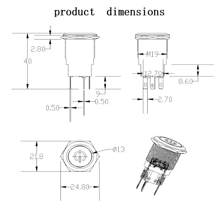 19mm Flat round Button Spdt Push Button Switch Led Waterproof 220v