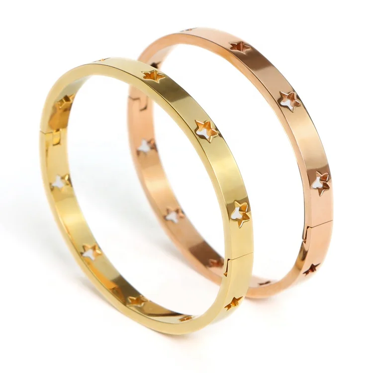 Newest 18K Gold Plated Stainless Steel Diamond Star Bracelet Women Hand Bracelets Charms Star Cuff Bracelet for Ladies Jewelry